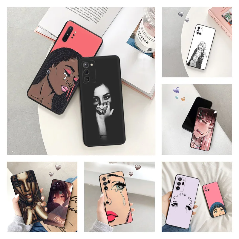 Matte Phone Case For Samsung Galaxy S24 S23 FE S22 S21 S20 Ultra S10 Plus Note 20 10 Cartoon Crying Girl Black Soft Cover