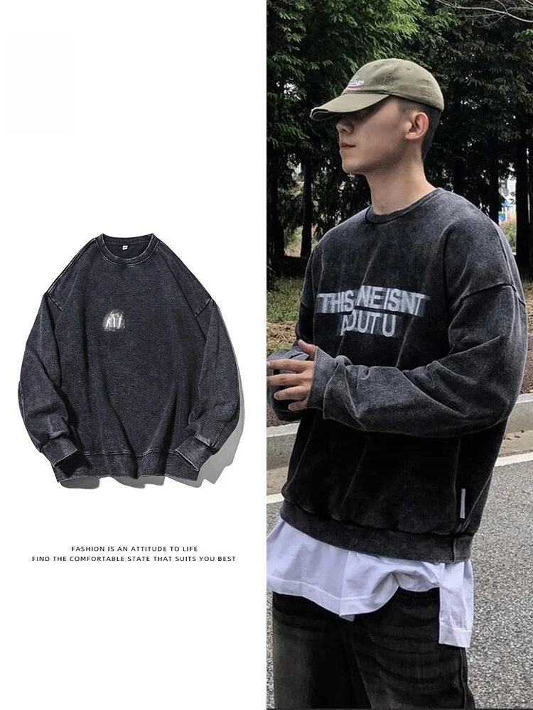 

Waed round Ne Sweatirt Men's Heavyweight Retro American Letter Print Jaet Youth Faion Cotton Polyester Blend Winter...