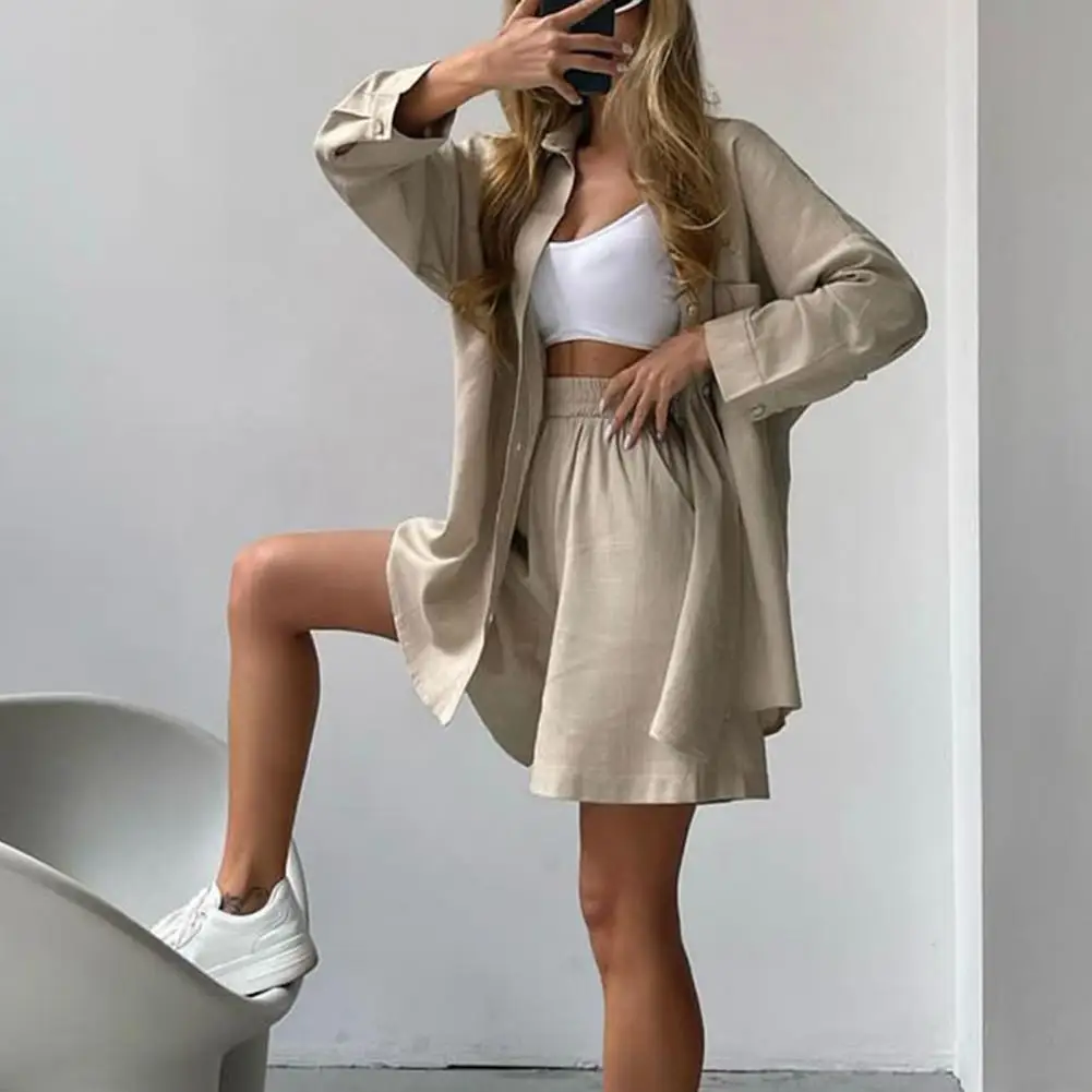 

Lady Commute Outfit Women's Casual Commute Outfit Long Sleeve Shirt High Waist Shorts Set Solid Color Lapel Collar for Everyday