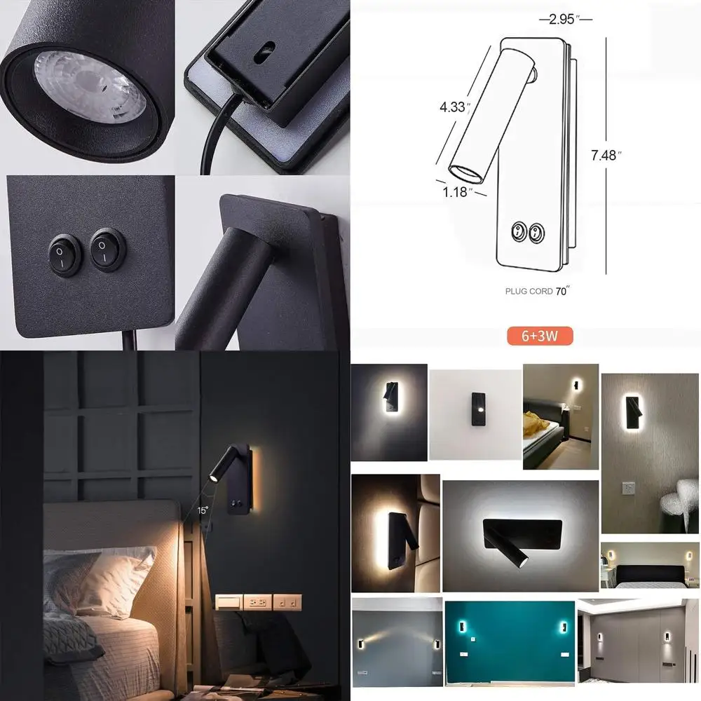 

Dual-Function LED Wall Sconce: Plug-in Bedroom Reading Light Set, 3W+6W, 3000K Warm Black