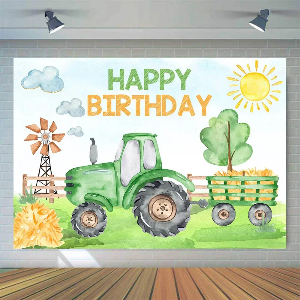 7x5FT Personalized Green Cottage Gear Tractor Happy Birthday Oh Baby Shower Custom Photo Backdrop Background Vinyl 220cm X 150cm