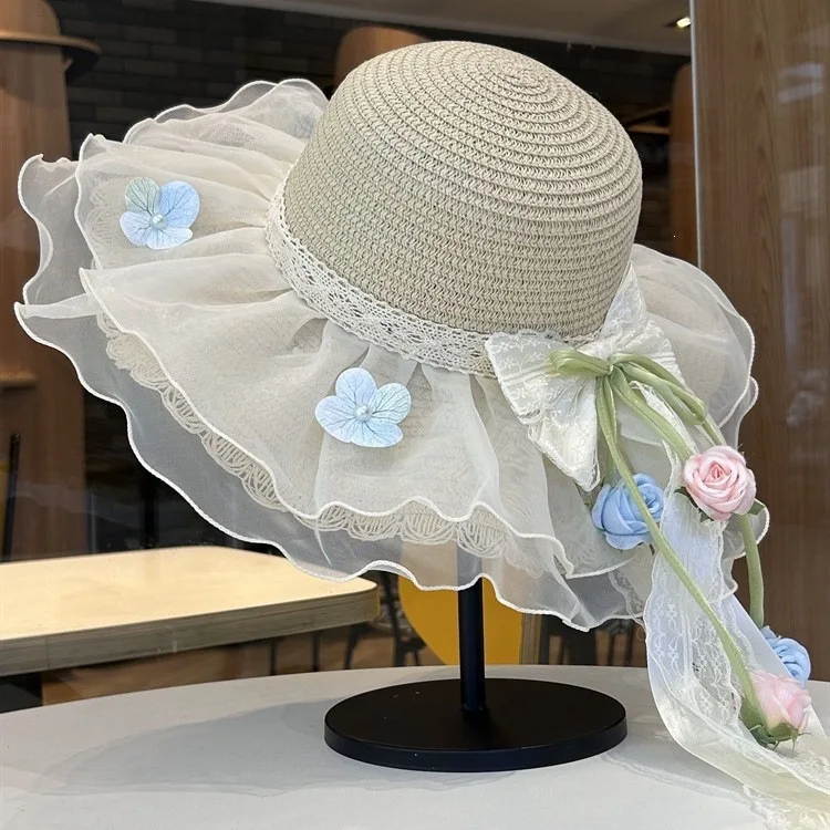 Women Summer Straw Hat Lace Bow Flower Decor Uv Protection Sun Hat Wide Ruffled Organza Brim Beach Cap For Seaside Vacation Outd