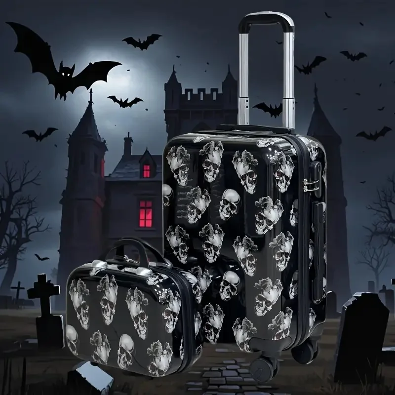 

Halloween Luggage Set Carry On ABS PC Spinner Suitcase with Skull Pattern, Combination Lock, Airplane Approved Black