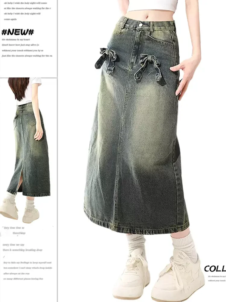 2024 Bow Knot Denim Half Skirt Women's Slim Covering Crotch A-line Skirt Y2k High Waist Fashion Straight Baggy Half Skirt