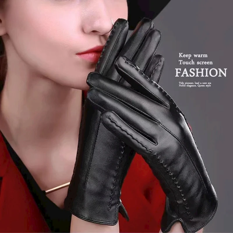 Winter Black Women\'s Gloves PU Leather Keep Warm Touch Screen Windproof Driving Guantes Autumn Business Female Guantes