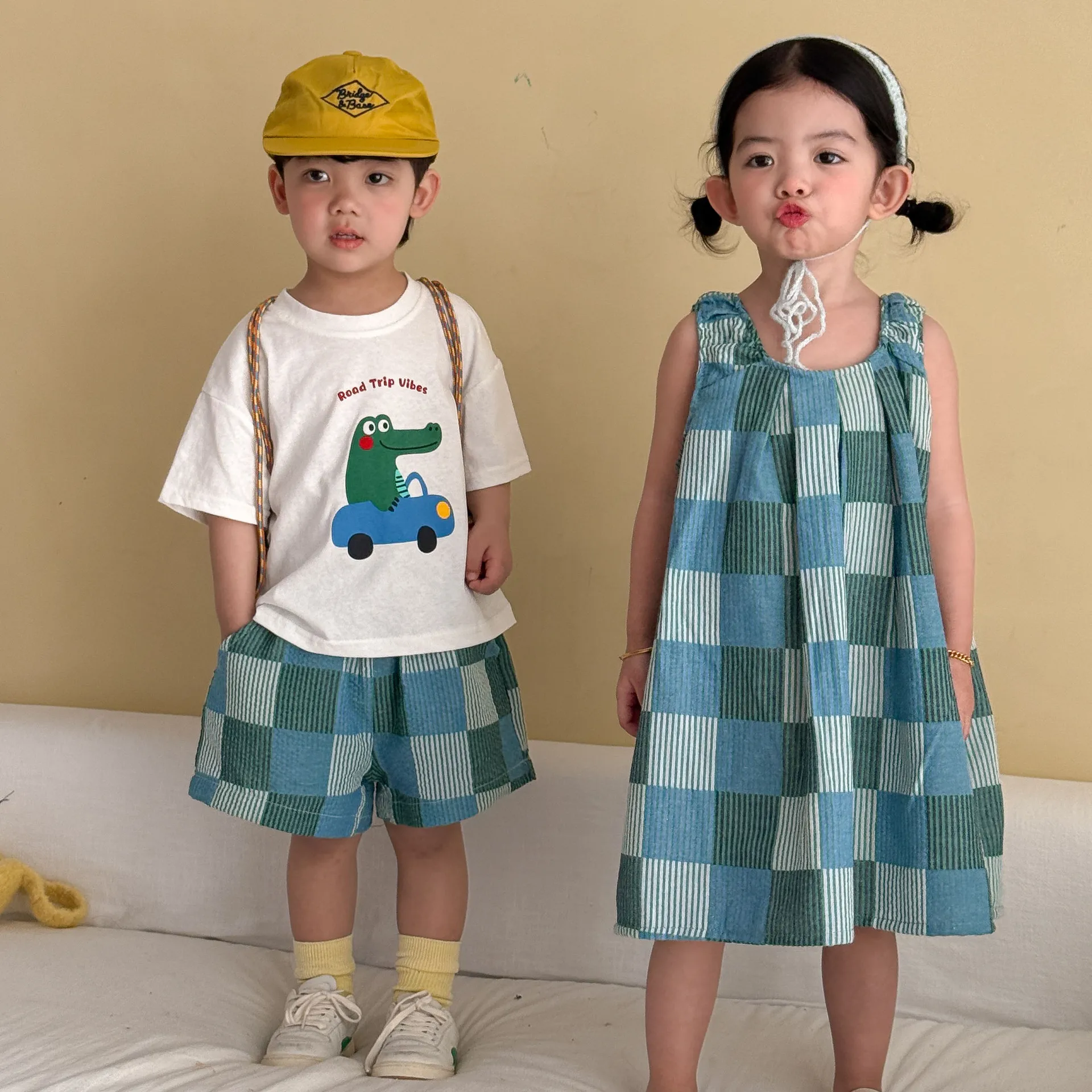2026 New Brother Sister Matching Outfits Plaid Print Baby Boys T-shirt Shorts Suit Girls Sleeveless Dress Cute Loose Streetwear