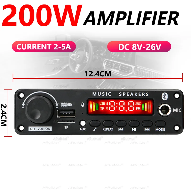 200W Bluetooth 5.0 Amplifier Board 2x100W Stereo Audio Power Amp USB TF FM AUX Mic Karaoke DC 8V-26V Car Home DIY Speaker image 3