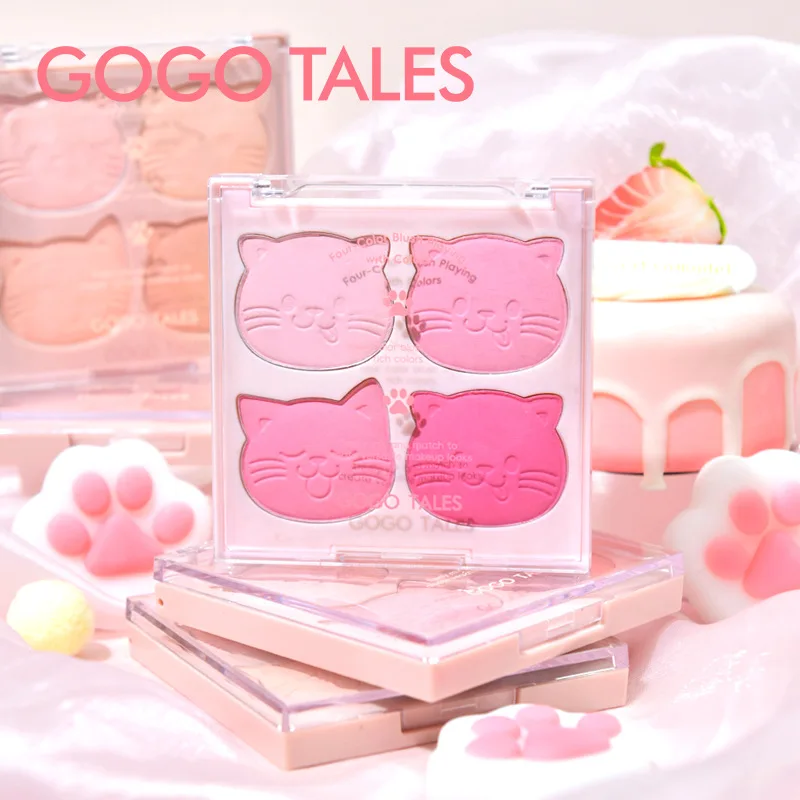 GoGotales quatre couleurs Blush plaque mignon chat énergique joue rouge pêche nu maquillage mat naturel Rouge facile à porter