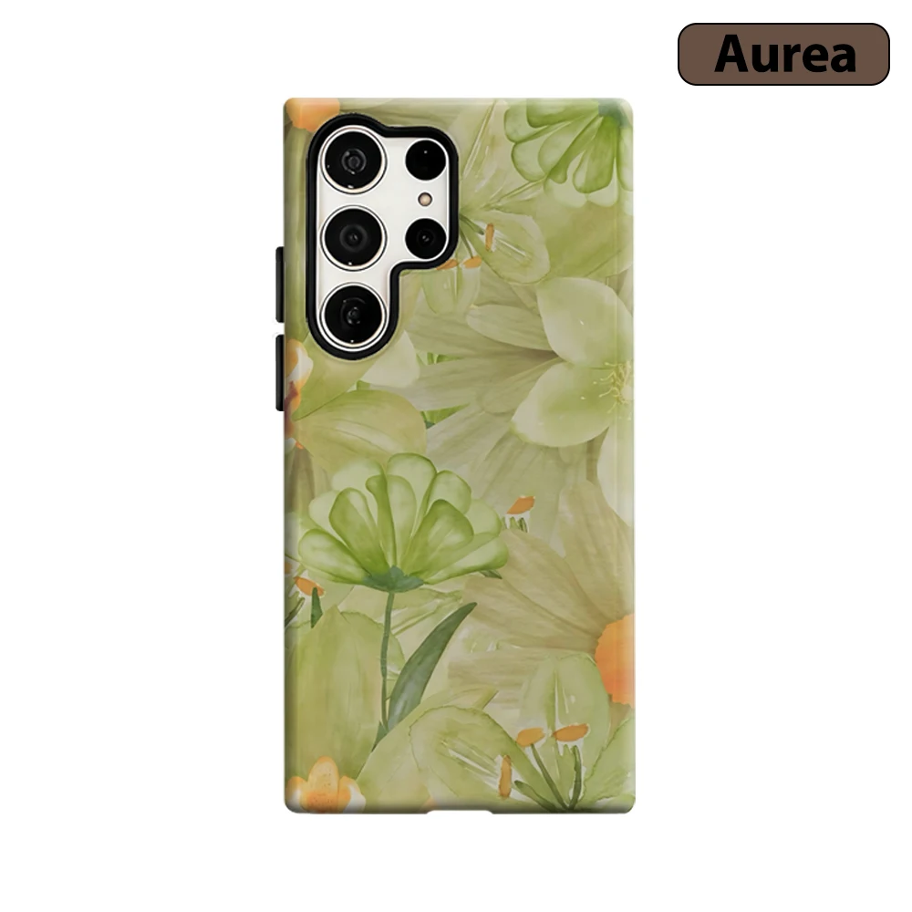 Pale Green Florals Phone Case for Samsung Galaxy S25 Ultra S24 S23 Ultra Plus Shockproof Double Layer Tough Back Cover