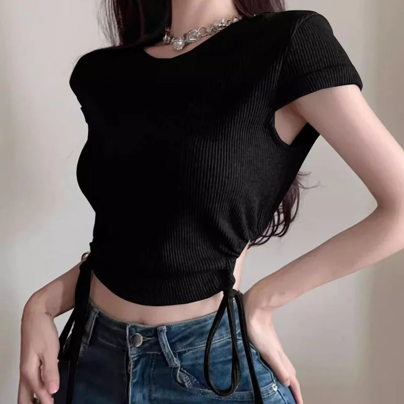 Fashionable Solid Color Drawstring Ladies Pullovers Summer Slim O-neck Tops Temperament Sexy T-Shirts Black Women\'s Clothing