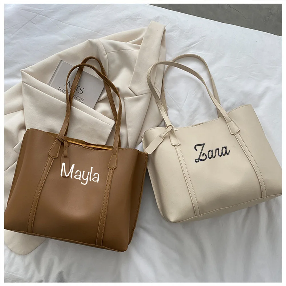 Personalized And Custom Simple High-Capacity Shoulder Bag, Embroidered PU Soft Leather Tote Bag, Casual And Versatile Backpack