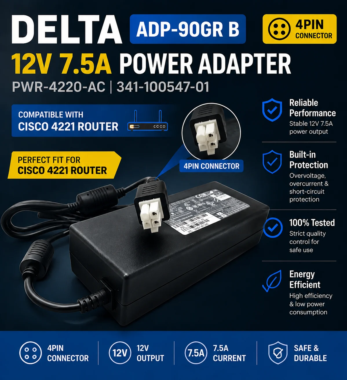 Original DELTA ADP-90GR B 12V 7.5A 4PIN PWR-4220-AC FOR Cisco 4221 Router 341-100547-01 Power Supply