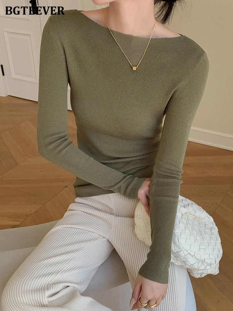 

BGTEEVER Autumn Winter Basic Women Solid Sweaters Jumpers Casual Slash Neck Long Sleeve Female Stretched Knitted Pullovers Tops