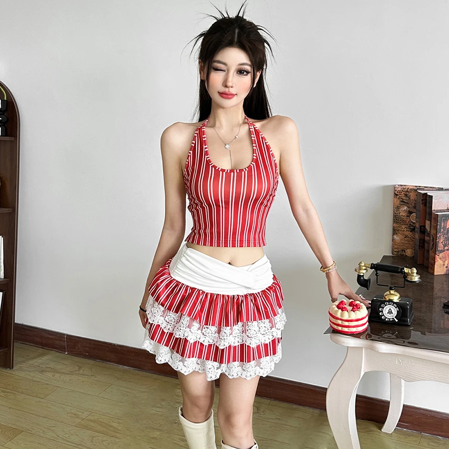 SylCue Y2K-Conjunto de 2 piezas de estilo dulce para mujer, chaleco sin mangas con espalda descubierta y ombligo descubierto + falda escalonada de retales de malla, trajes de calle