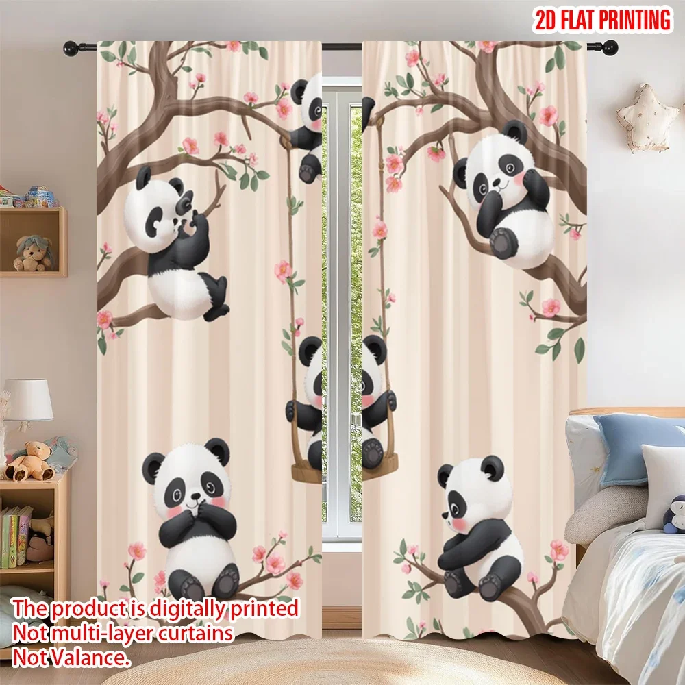 2pcs 2D flat printing Drapes Cute Panda Swing Forest Digital Printed Polyester Drapes Festive Curtains for Bedroom Office Living