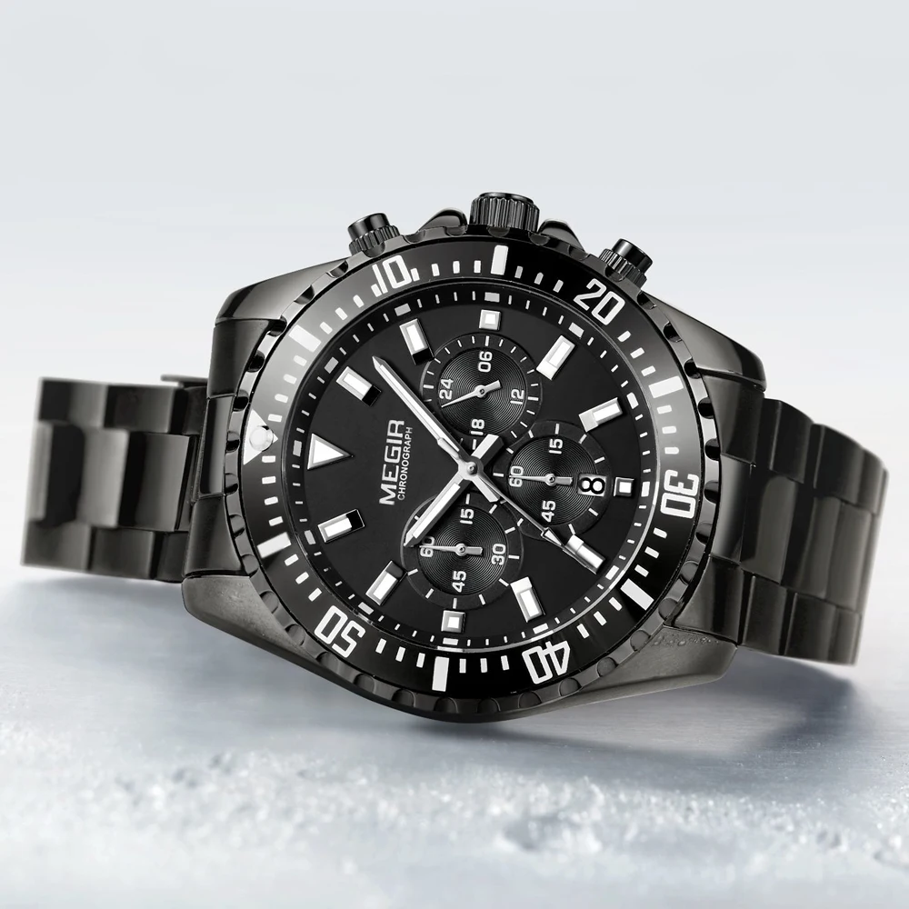 MEGIR Men's Stainless Steel Waterproof Luminous Wristwatch Chronograph Sport Quartz Analogue white Three-eyes Watches for Mens