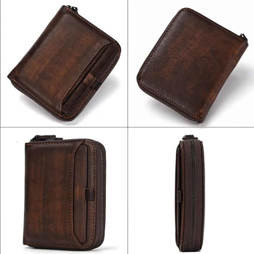 Retro Men's Short Wallet Casual Zipper Wallet  Cow Leather Clutch Wallet Billfold Coins Purse Card Holder  Notecase