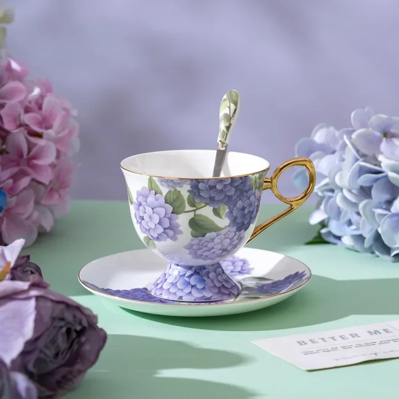 Purple Hydrangea Pattern Bone China Coffee Cup and Saucer set Mug Luxury Beautiful Home Flared Cup for Milk and Cold Beverages