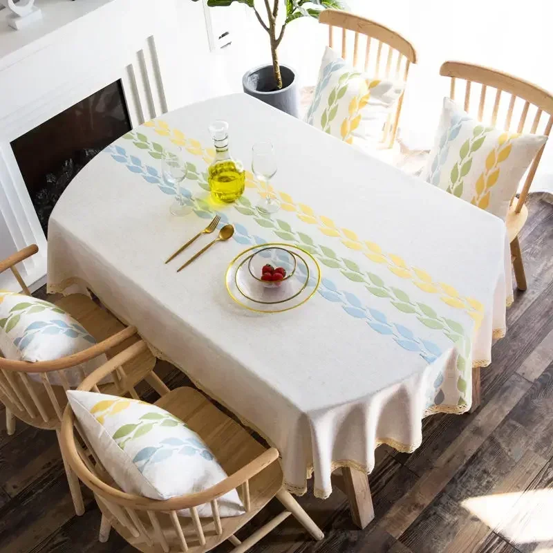 

Tablecloth with Lace, Linen Rustic Leaf Embroidery, Farmhouse Table Cloth, Ellipse, Modern Table Cover, Dining Home, 135cm