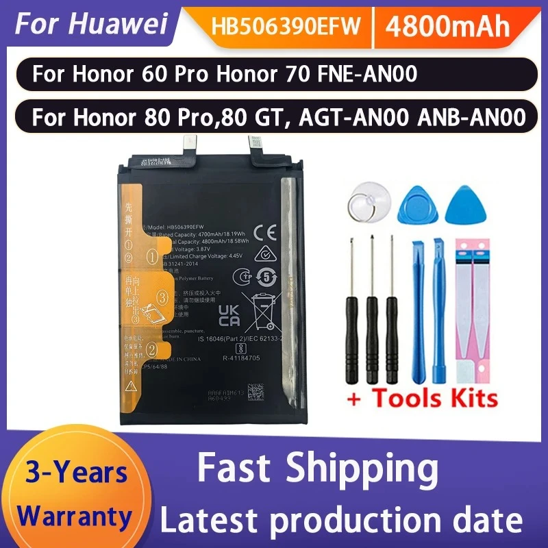 HB506390EFW 4800mAh Battery For Honor 60 Pro Honor70 FNE-AN00,Honor 80 Pro,80 GT, AGT-AN00 ANB-AN00 Batteries Bateria Batterij