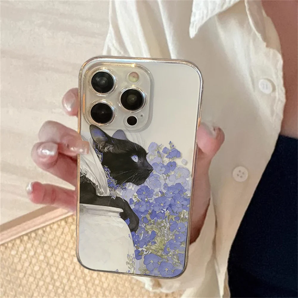 Purple Iris and Cat Clear Floral Case for iPhone 15 16 Plus 11 12 13 14 Pro Max XR Ultra Thin Soft Silicone Cover for Girl Women