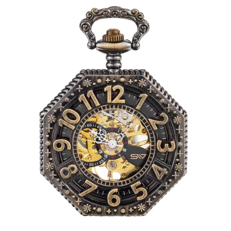 

Men's Bronze Octagonal Mechanical Pocket Watch Vintage Creative Flip Hollow Mechanical Pocket Watch