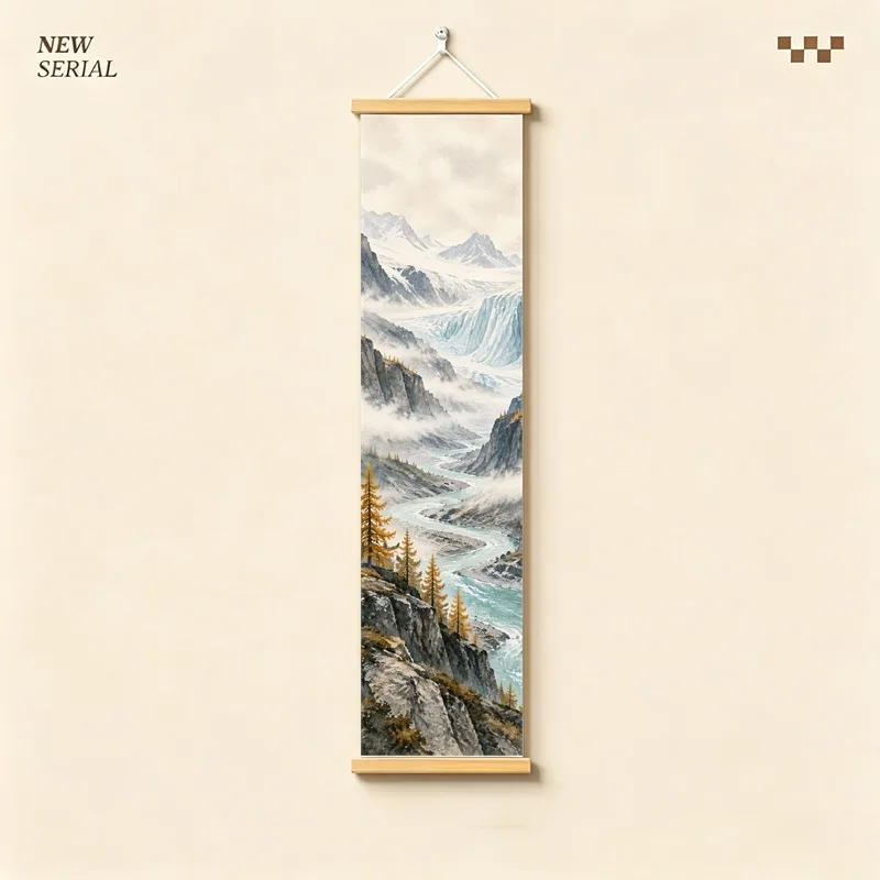 Wall Art Snow Mountains Glacier River and Pine Forest, Nordic Landscape Pearlescent Canvas Hanging Scroll for Mountain Cabin