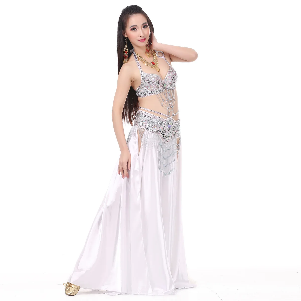 W nowym stylu kostium taneczny brzucha S/M/L 3 sztuk biustonosz i pas i spódnica Sexy taniec kobiety ubrania do tańca zestaw Bellydance Indian Wear VL-N55