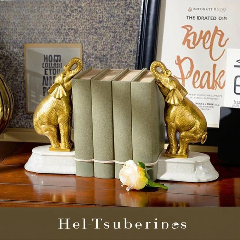European luxury business ornament pure copper elephant with marble base bookshelf desk book end ornament accessories statue