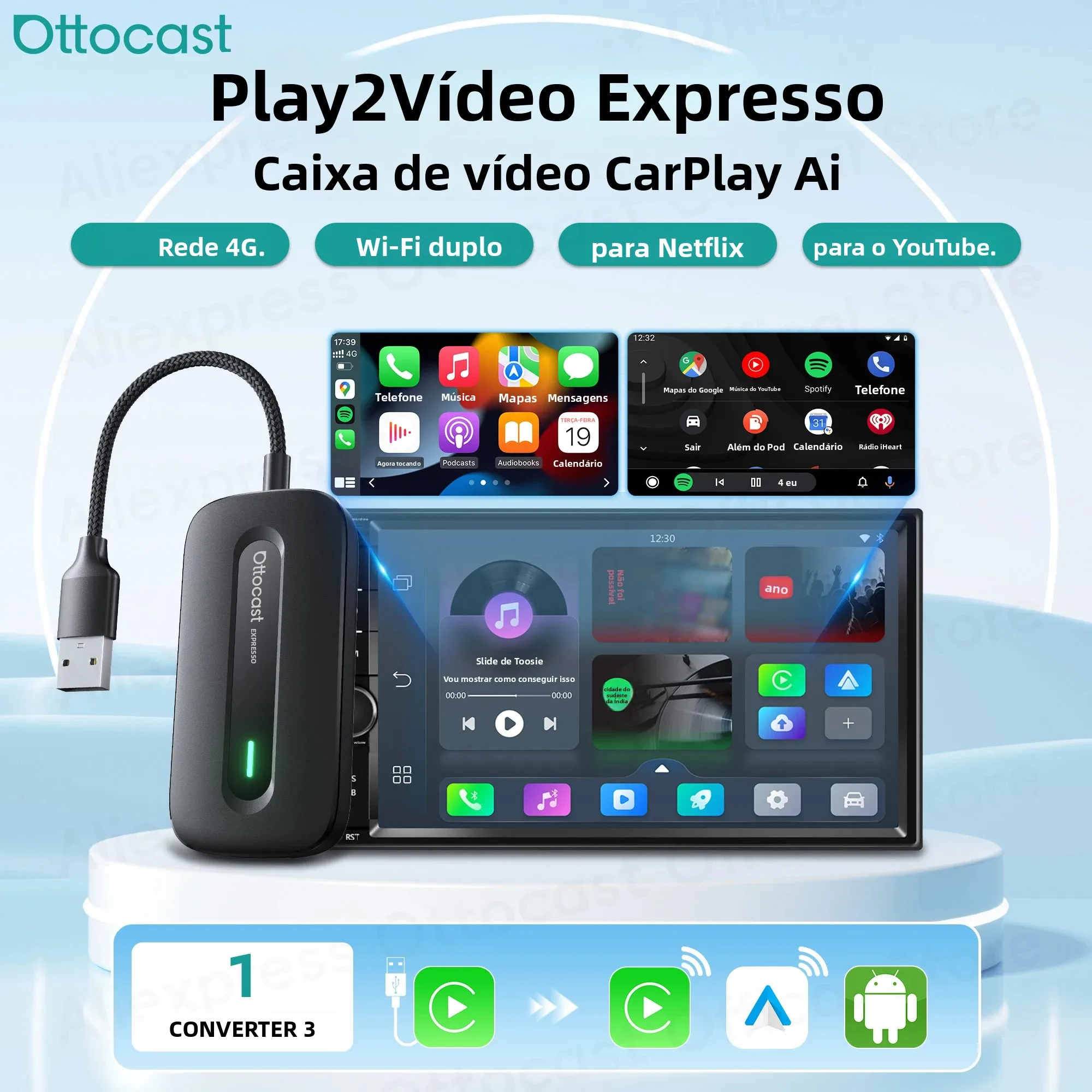 ottocast-play2video-express-wireless-carplay-android-auto-adapter-tv-ai-box-for-youtuber-car-accessories-for-benz-mazda-vw-audi