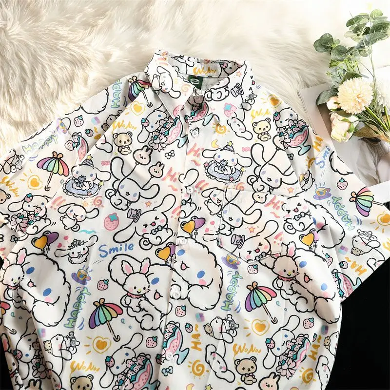 

Large size Japanese retro cute cartoon printed short-sleeved shirt for women summer loose casual trendy brand couple shirt tops