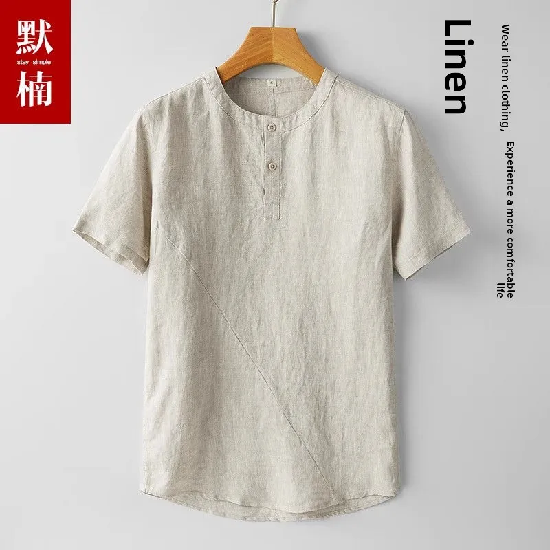 

Casual Linen Cotton ort Sve T-irt Men's Loose Fit Summer irt Patchwork round Ne Top Comfortable Breathable M Fe...