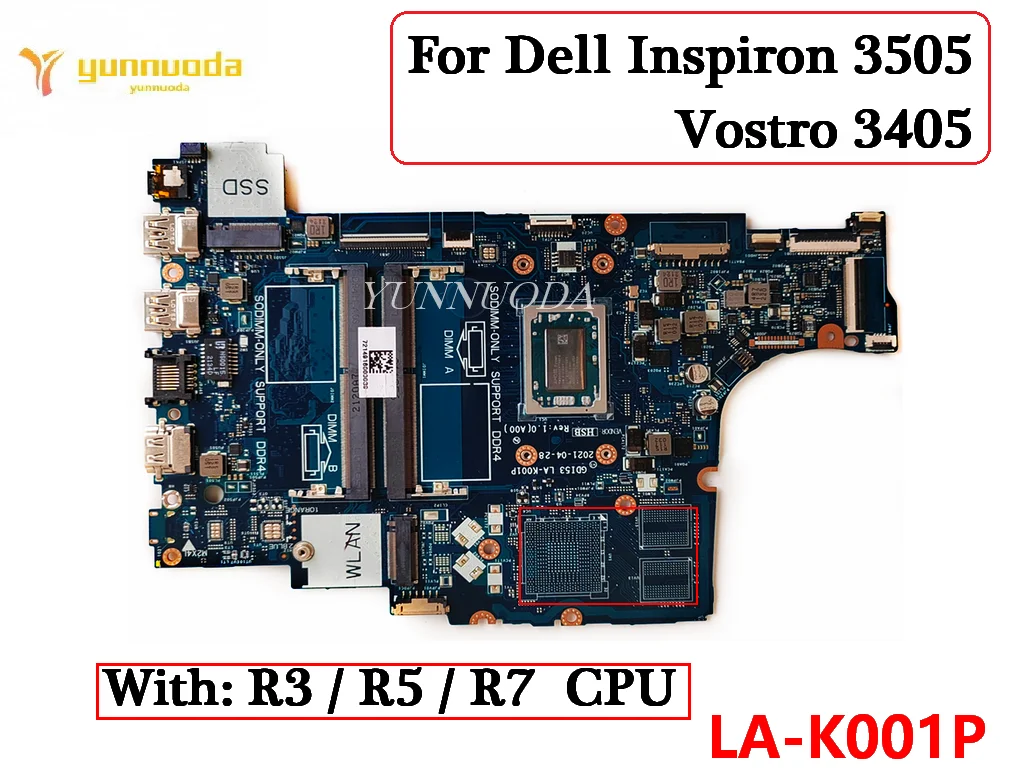 LA-K001P For Dell Inspiron 3505  Vostro 3405 Laptop Motherboard With R3 R5 R7 CPU 0GWD64 05HPX6 0P92W5 05HPX6 0DRFWY tested'