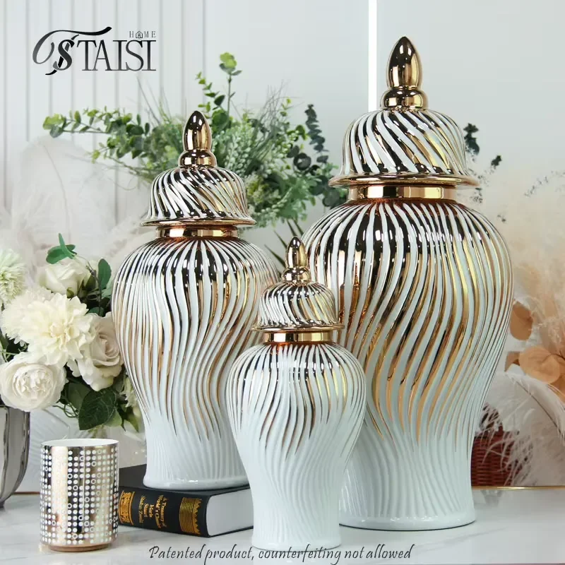 J294GA White and Gold Wavy Grain Ginger Jar Ceramic Textures Vases for Flowers Home Decor Accents Luxury Furniture