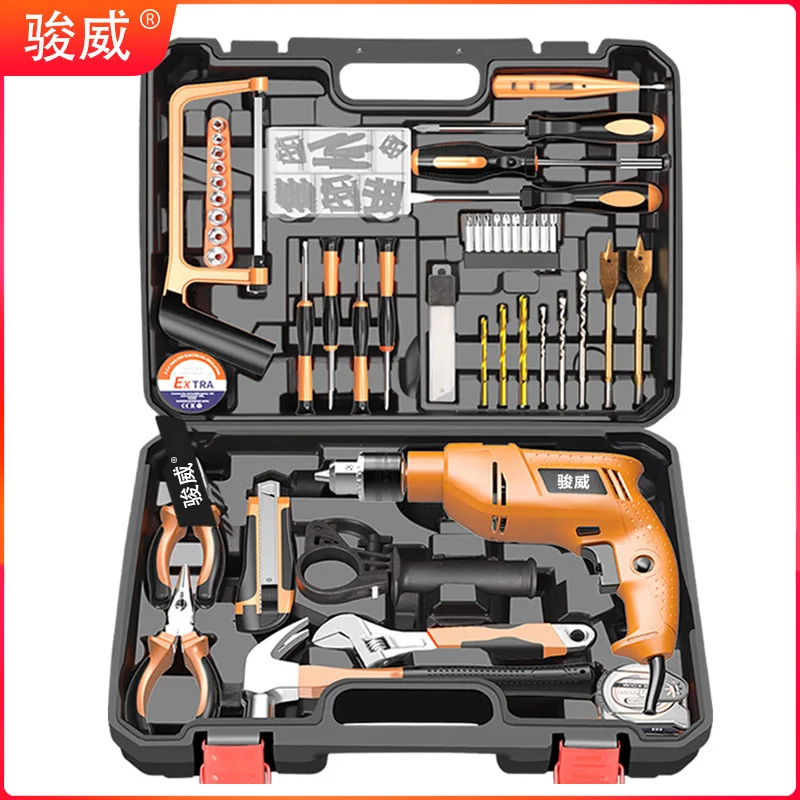

Hardware tools, household repair, electric tool set, small hardware toolbox, box, electric drill, repair tools 049