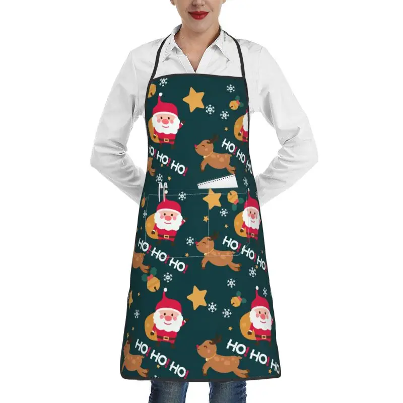 Cartoon Christmas Santa Apron with 2 Pockets Women Men Waterproof Kitchen Cooking Bib Aprons Animals Elk deer snowman Aprons