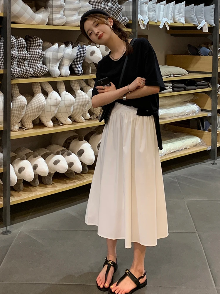 

High Waist Midi Skirt Women's Mid-Length Elastic Waist Casual White A-Line Skirt Real Easy Brand Polyester Fiber Cotton Blend
