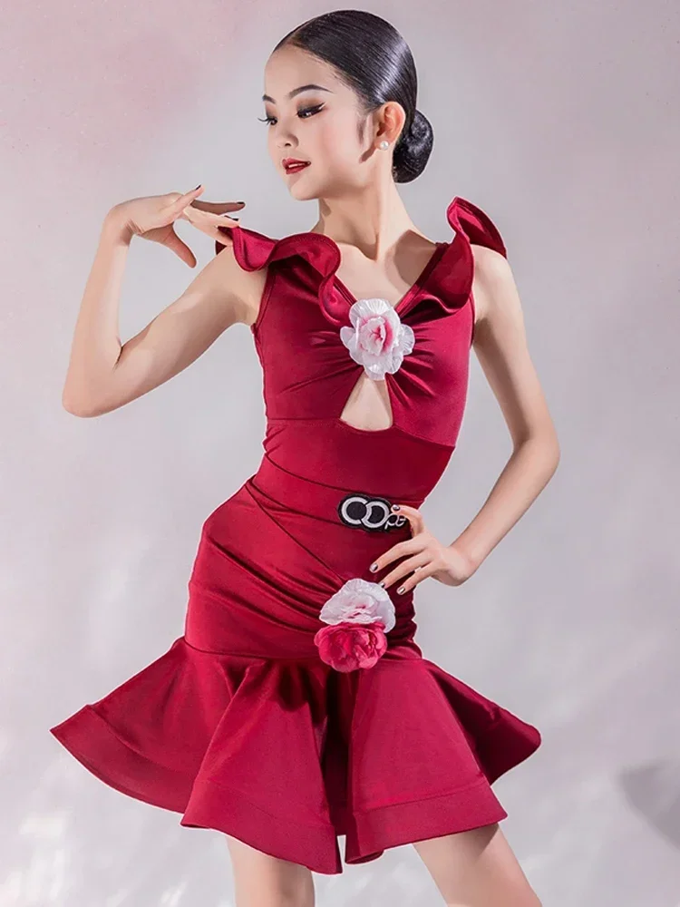 Flower Red Tops Skirt Suit Kids Competition Dress Rumba Ballroom Dance Costume Girls Latin Dance Performance Clothes