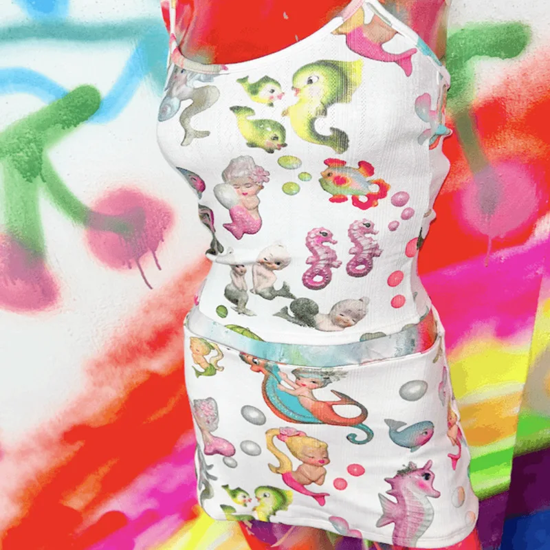 Y2K Clownfish Print Skirt European American Millennium Digital Print Low Waist Mini