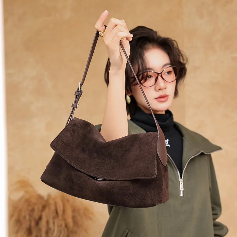 Bolso de cuero genuino de ante y piel de vaca, con solapa, para mujer, estilo vintage, bandolera, bolso casual para llevar bajo el brazo, tipo hobo.