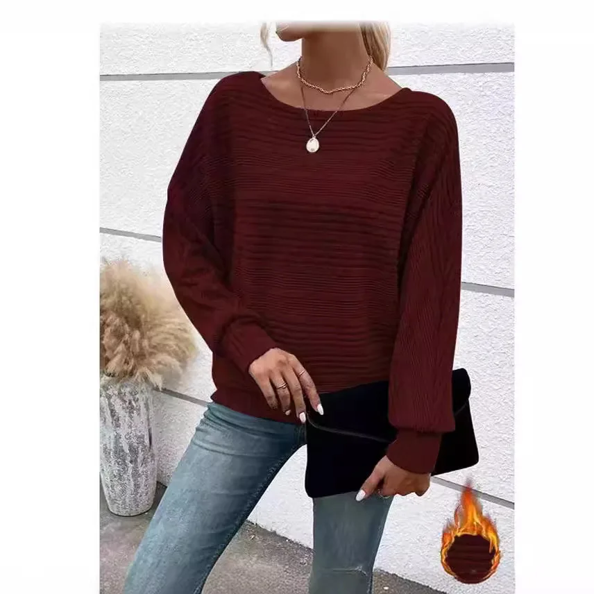 Women Autumn Winter Pullover Top Fashion Round Neck Dolman Sleeves T-shirt Loose Long-sleeved Tees Women\'s Top\'s