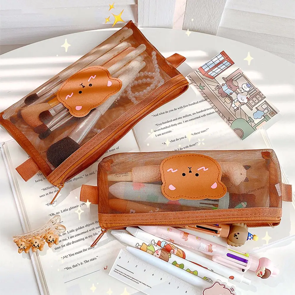 Cute Large Capacity Stationery School Supplies Kawaii Pencil Bag Mesh Pencil Case Storage Bags Bear Pencil Bags