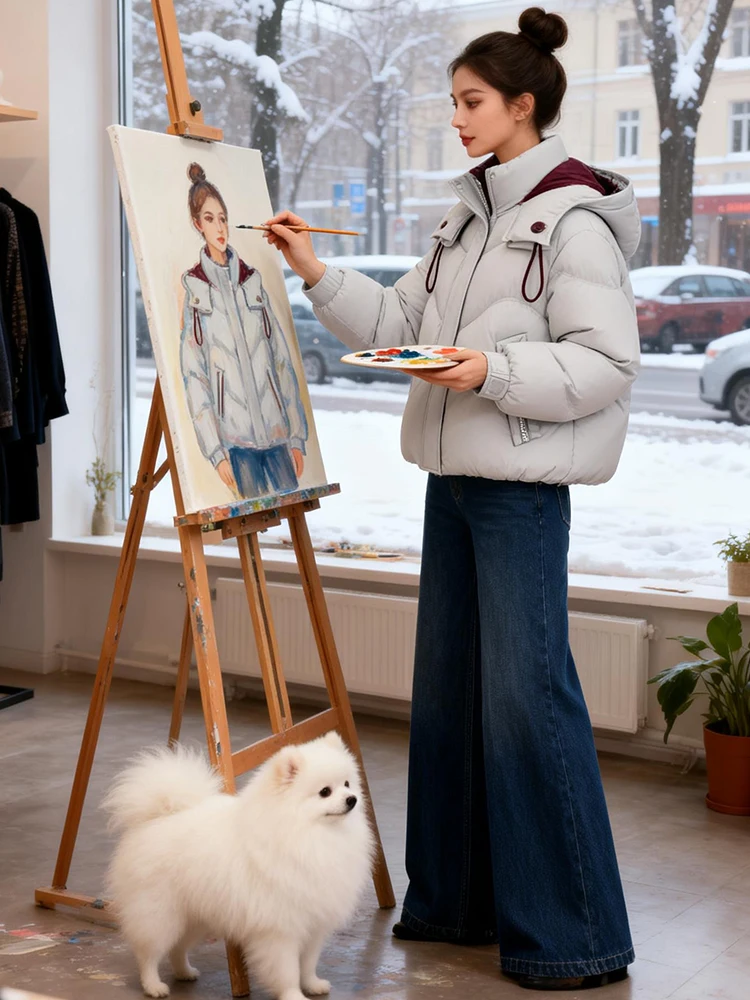 

Women's down Cotton Jaet Winter New Sle Fce Lined Hooded Bread Sle Loose Thi Warm Cotton Coat ort Outerwear