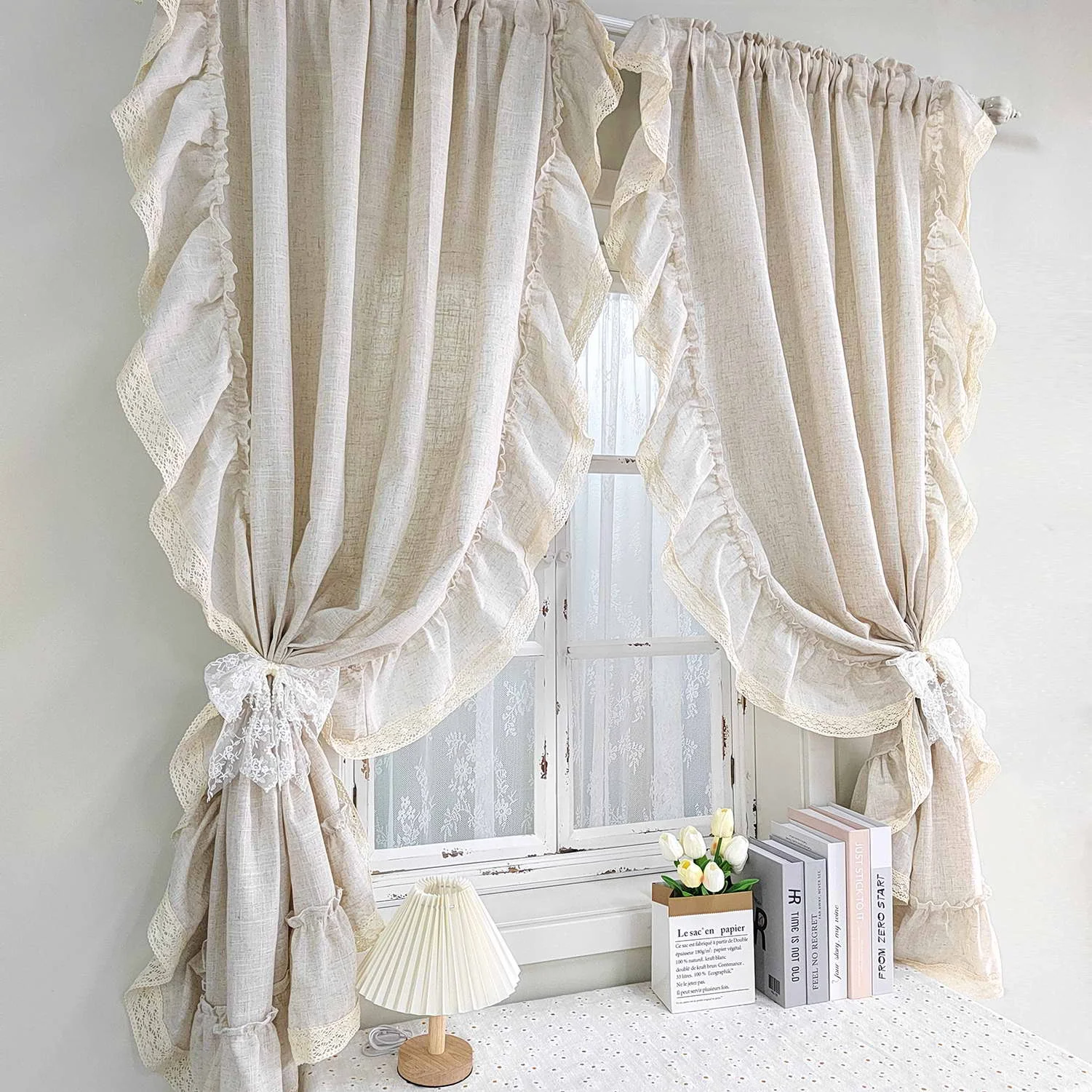 1PC Vintage Ruffle Solid Curtain for Living Room Semi-Shading Window Drape With Lace Study Balcony Hotel Home Decoration