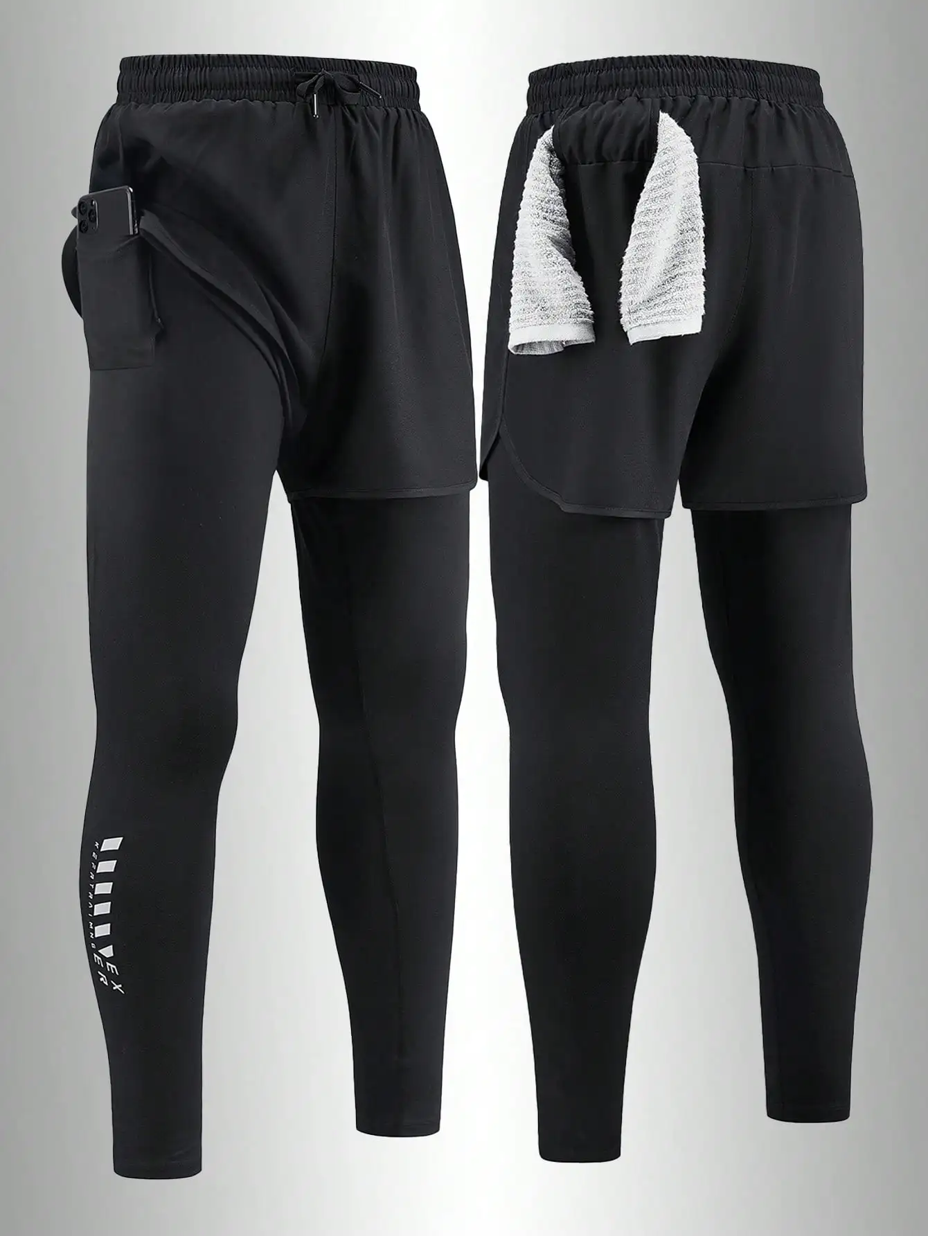 Men Spring Summer Double Layer Sports Long Pants Soft Skin Friendly Breathable Quick Dry Elastic Waist Loose Fit Comfortable Daily Casual Wear Running Jogging Fitness Training Outdoor Mountaineering Sportswear Solid Color Black All Match Trousers