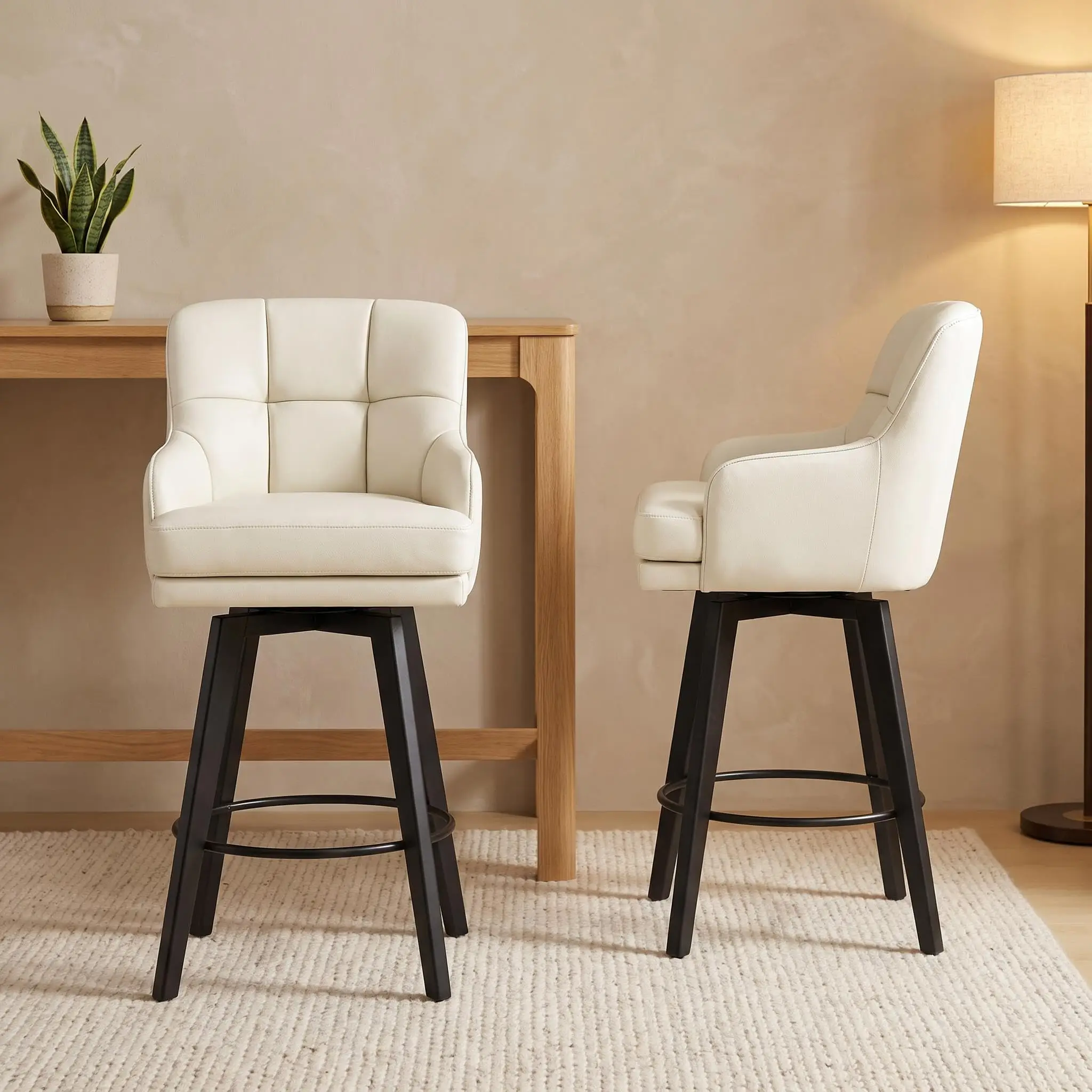 Set of 2 Swivel Counter Height Bar Stools, PU Leather Counter Height Stool on Solid Wood Legs, 360° Silent Swivel Bar Chairs for Kitchen Island, Home Bar, Dining Room and Office