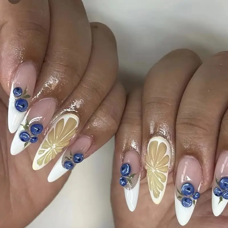 24PCS Fresh Fruit White French False Nails 3D Blueberry Lemon Simple Almond Press on Nails Full Cover Fashionable Ins Nail Tips