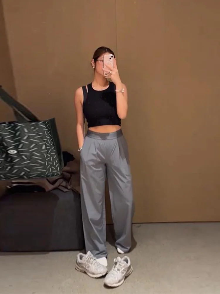 Pantalones rectos de Yoga para mujer, cintura elástica de pierna ancha para ejercicio, pantalones femeninos de secado rápido, pantalones de calle informales a la moda para mujer