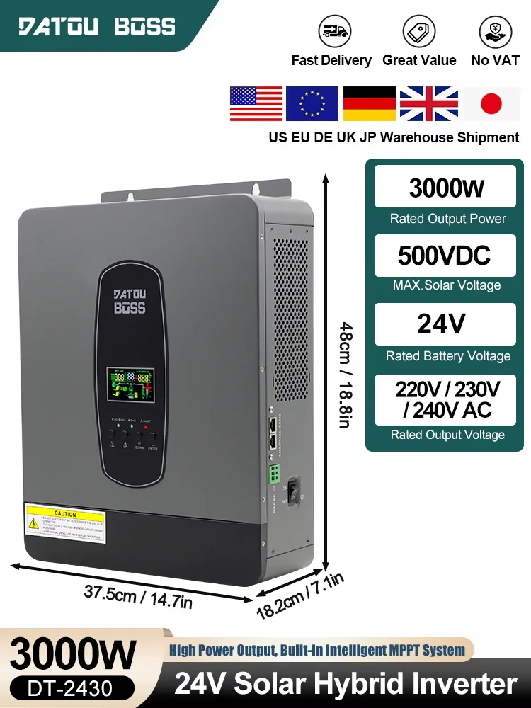 DATOUBOSS 3000W Solar-Wechselrichter DC24V zu AC220V Reine Sinuswelle mit integriertem MPPT-Solarladeregler, netzunabhängiger Wechselrichter für Heim-Solaranlagen, Wohnmobil und Notstromversorgung