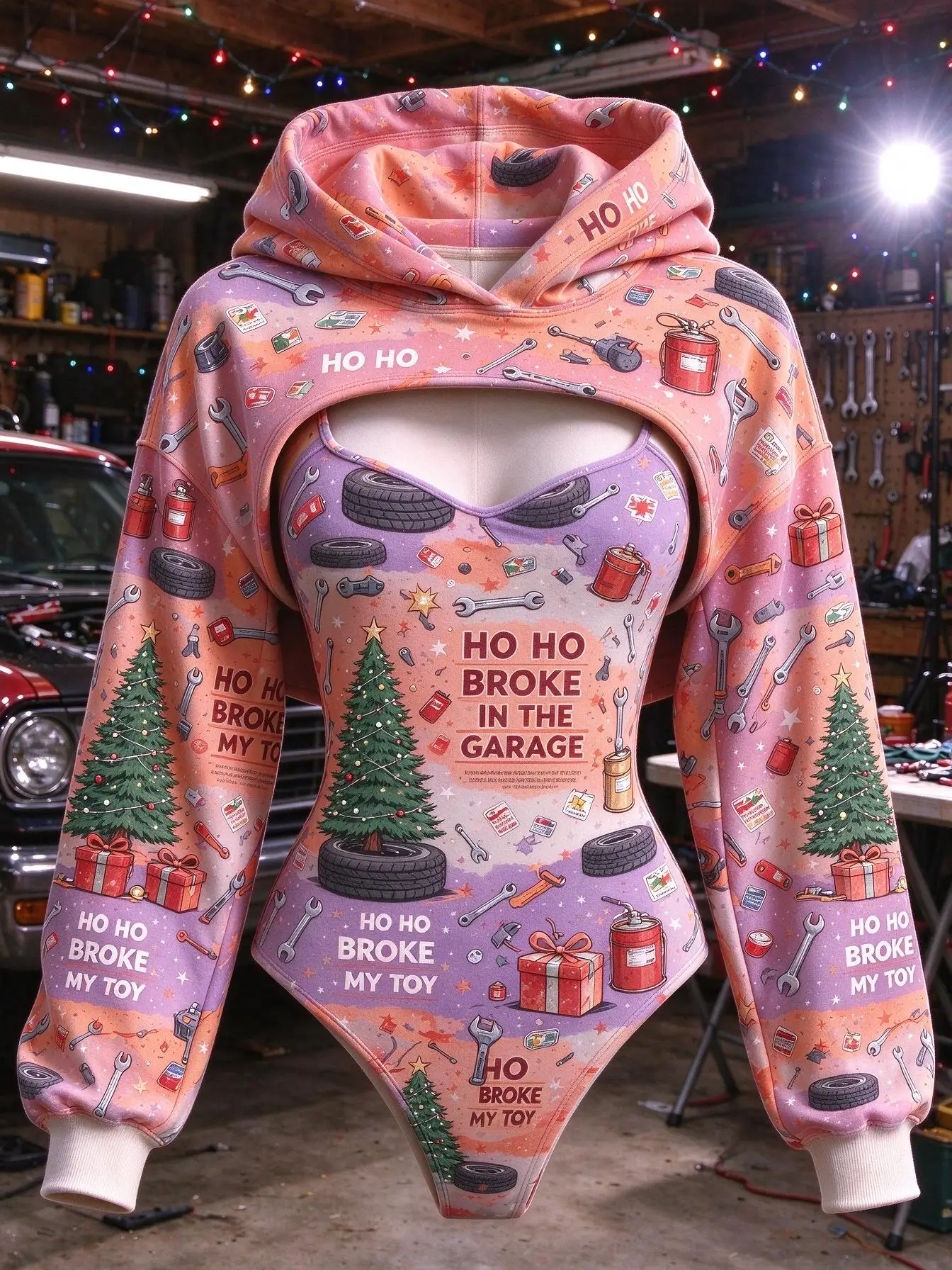 Ensemble de Noël pour femme, imprimé sapin de Noël, outils de garage, pneus, 2 pièces, combinaison à capuche, body à manches longues